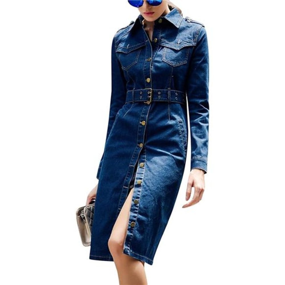 Women's Casual Distressed Lapel Ripped Denim Jean Long Dress Jacket Coat